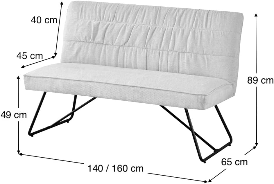 DUBI Möbel Sitzbank Hannah Esszimmerbank 160 cm mit Rückenlehne gepolstert mit Federkern für Esszimmer, Flur, Garderobe mit Metallgestell | modern Design | Grau, 21303-160-RE90