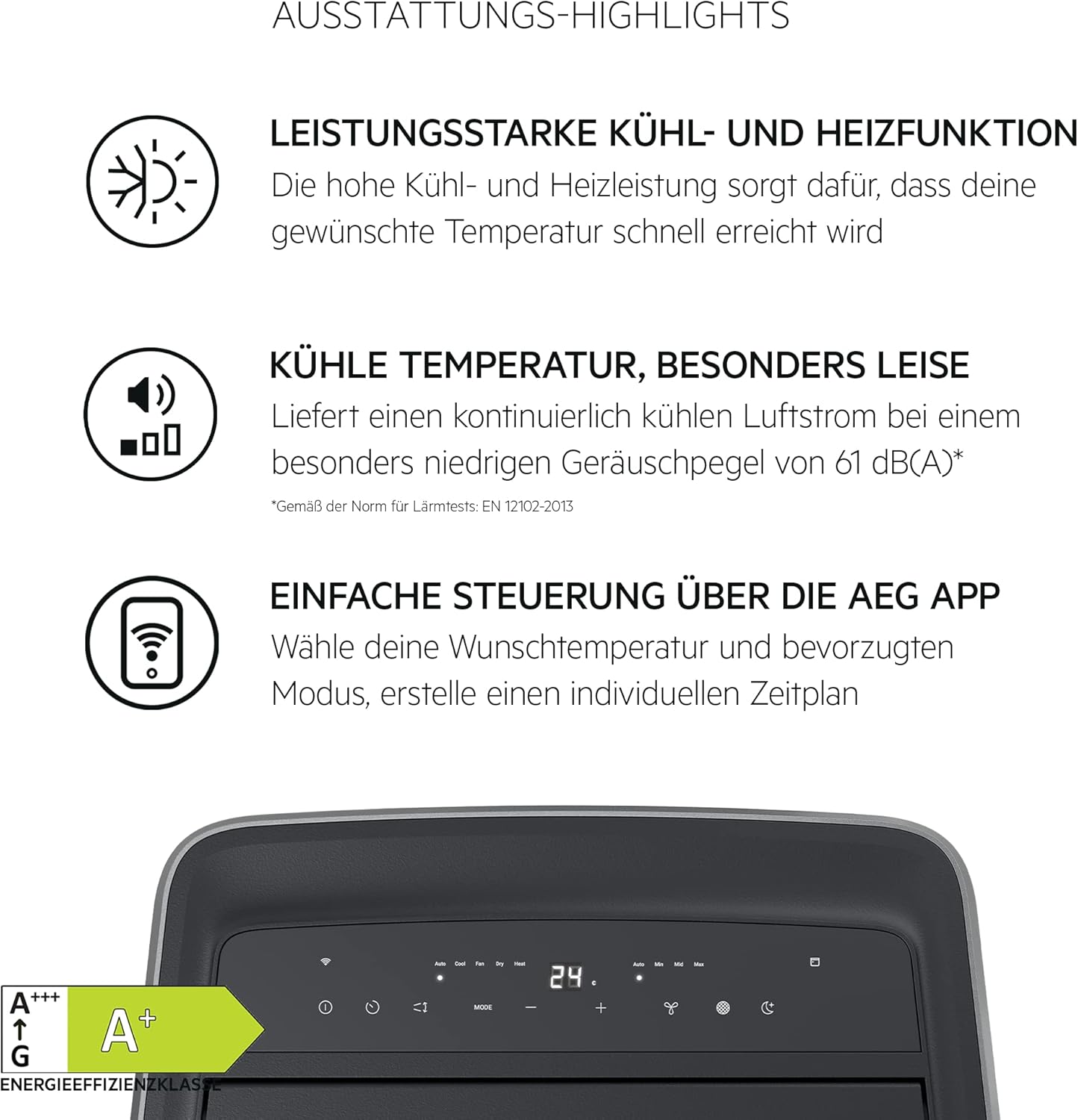 AEG Comfort 6000 AXP26U559HW mobiles Klimagerät/LED Display/Touch-Bedienung / 30-40 m² / 61 dB(A) / Kühlen/Heizen/Ventilator/Entfeuchtungsfunktion/Automatik/App-Steuerung/weiß/schwarz