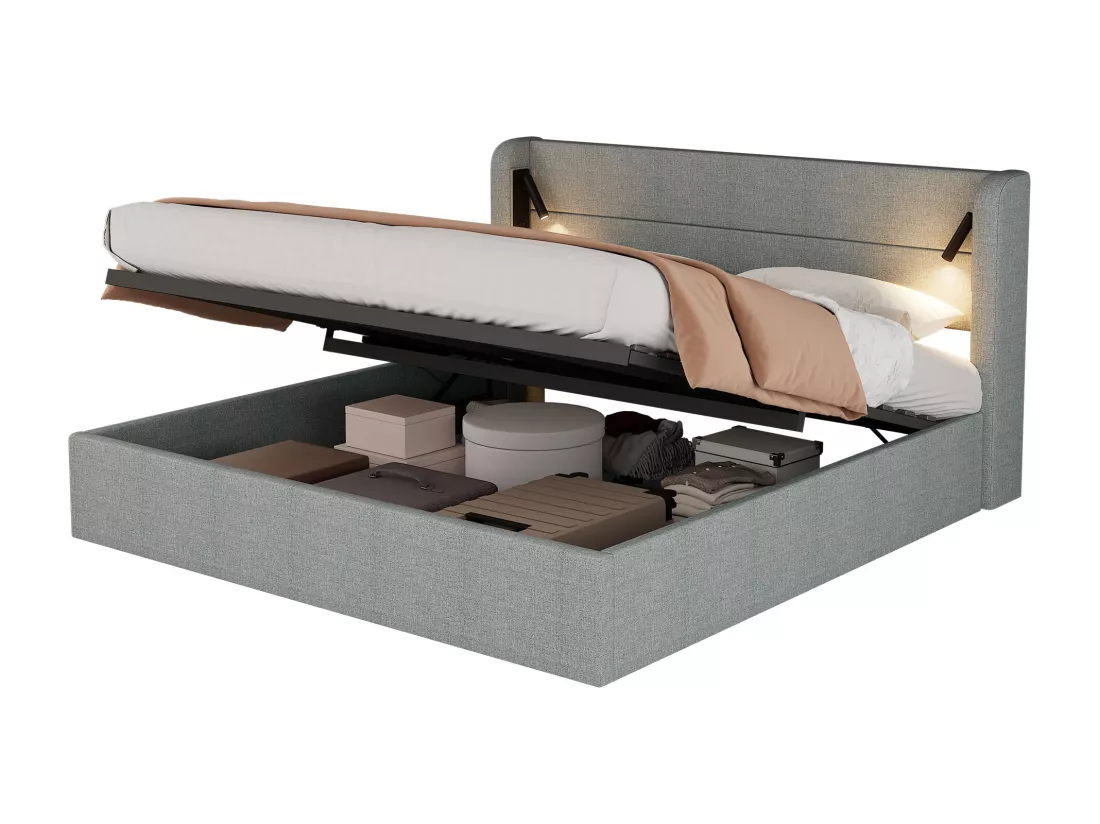 Lit coffre capitonné 180x200 cm - lit double - avec éclairage - sommier à lattes - lin - gris (matelas non inclus)