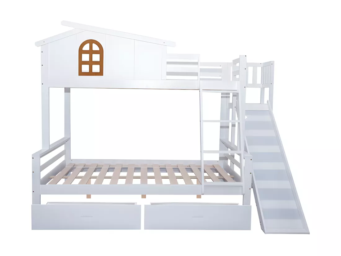 Lit superposé cabane avec toboggan + tiroirs - cadre en pin - 90x200cm + 120x200cm - Blanc