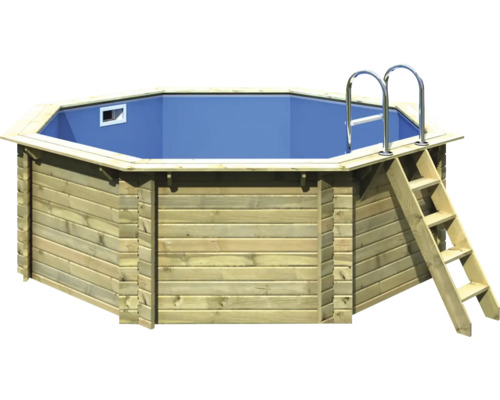 Opbouw houten zwembadset Karibu Classic 1A rond Ø 400x124 cm incl. ladder & grondbeschermingsvlies hout
