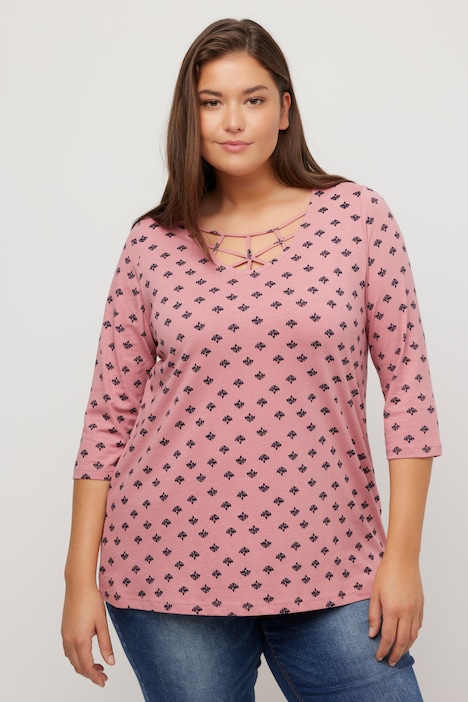 T-Shirt, Zierbänder, A-Linie, V-Ausschnitt, 3/4-Arm