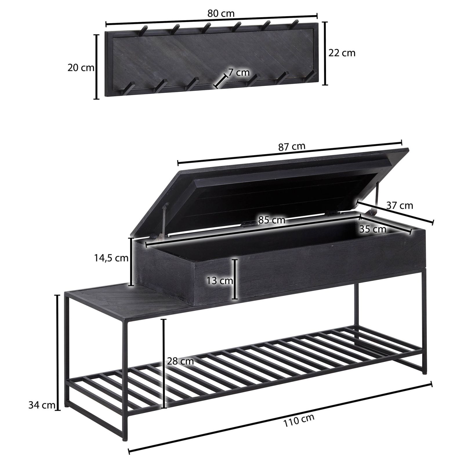 2-teiliges Garderoben-Set - schwarz - Mango Massivholz - 110 cm