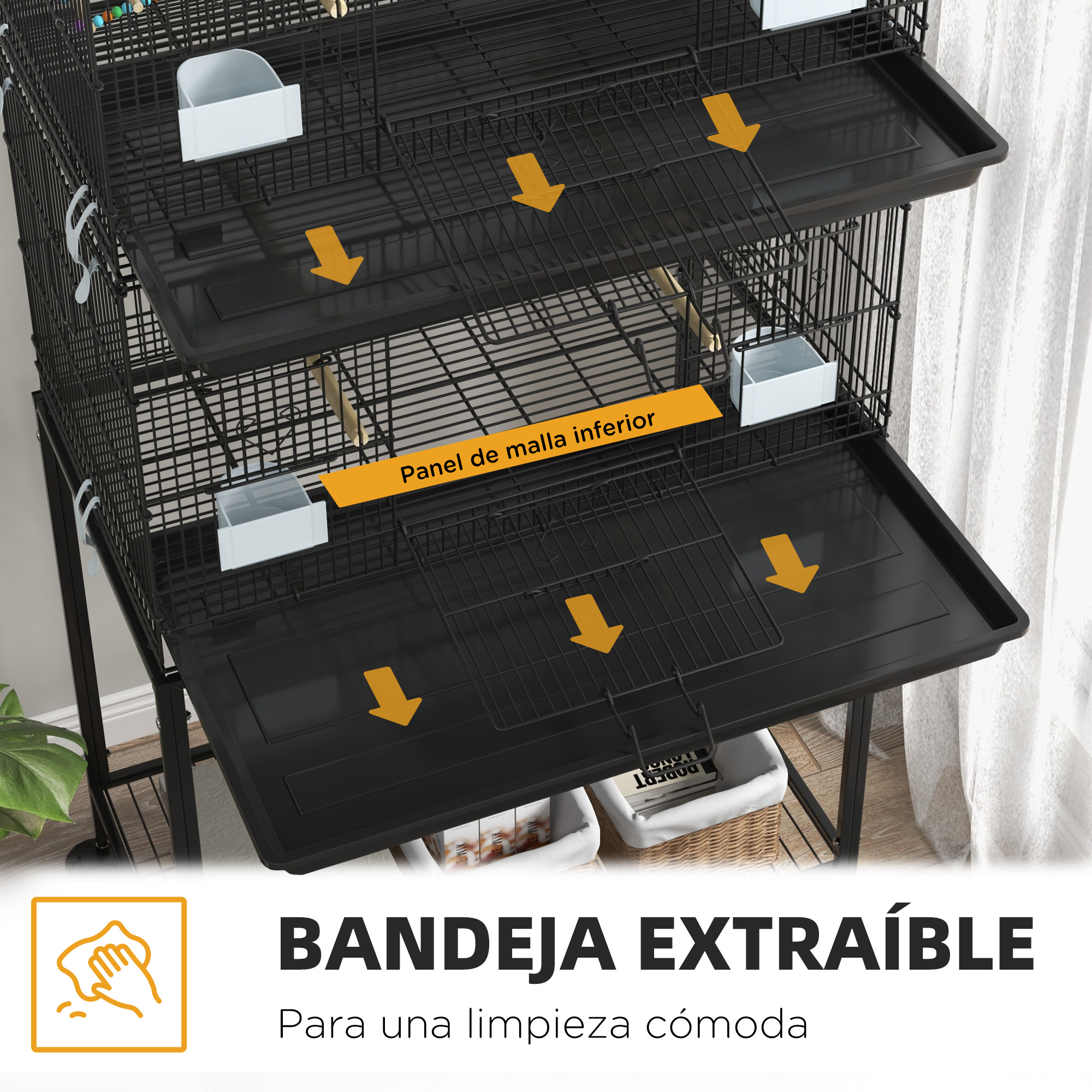 Gaiola para pássaros PawHut, 77x46x164 cm, em metal, com bandeja removível, poleiros e comedouros para periquitos, canários e outras aves - Preta