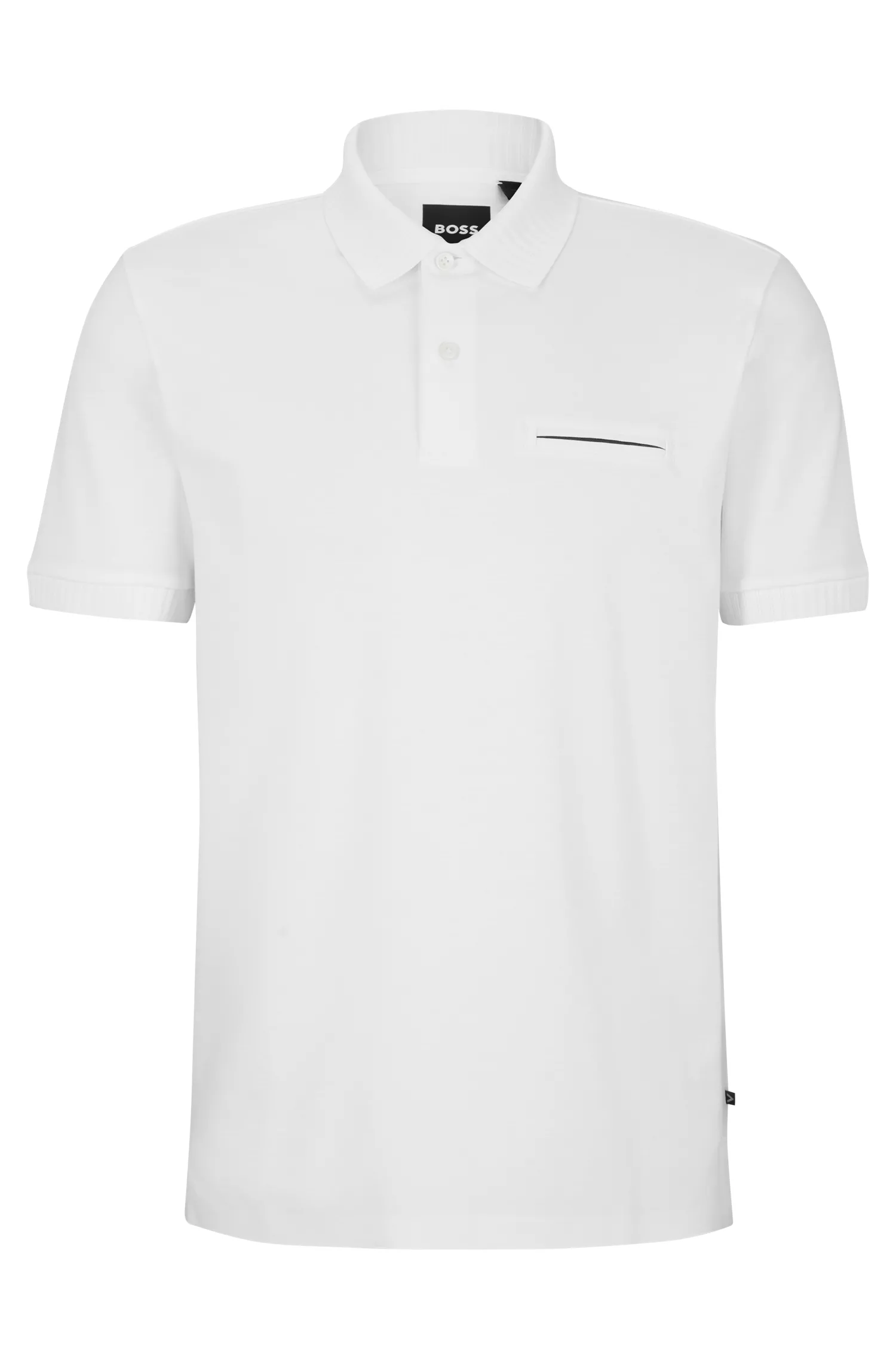 Camisa polo BOSS preta em mistura de algodão com tecnologia de gerenciamento de umidade.