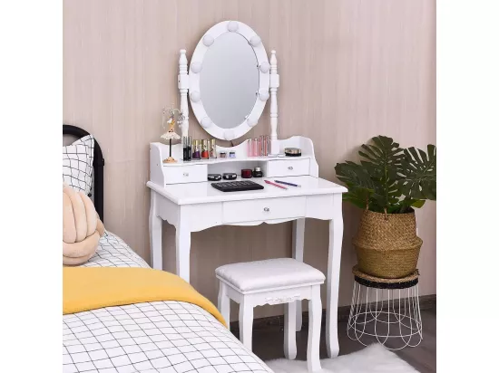 Coiffeuse avec Eclairage, Miroir Ovale, Pivotant à 360°, 10 Lumières, Tabouret Rembourré Inclus, avec 3 Tiroirs de Rangements, Blanc