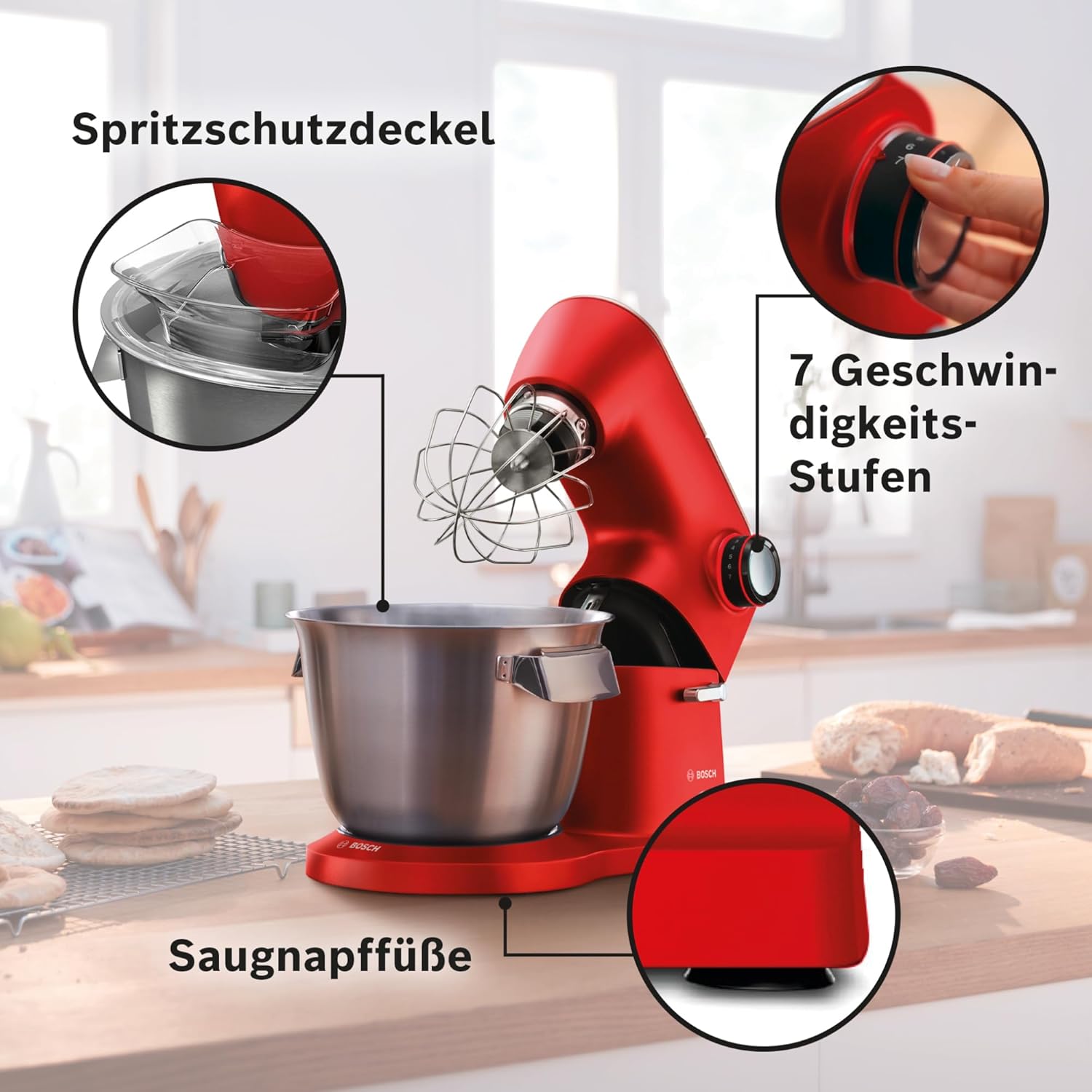 Bosch Küchenmaschine OptiMUM, Edelstahl-Schüssel 5,5 L, spülmaschinenfest, Planetenrührwerk, Profi-Knethaken, Schnee-, Silikonbesen, 7 Arbeitsstufen, 1600 W, Rot/Silber, MUM9A66R00