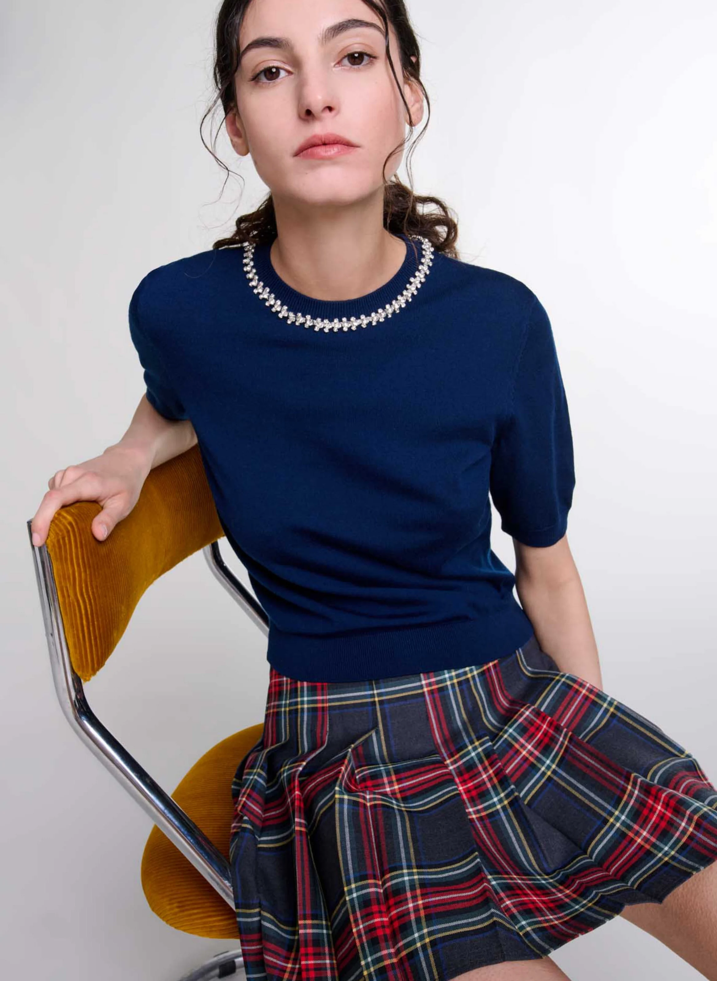 Top droit col rond à strass en laine mélangée | Bleu