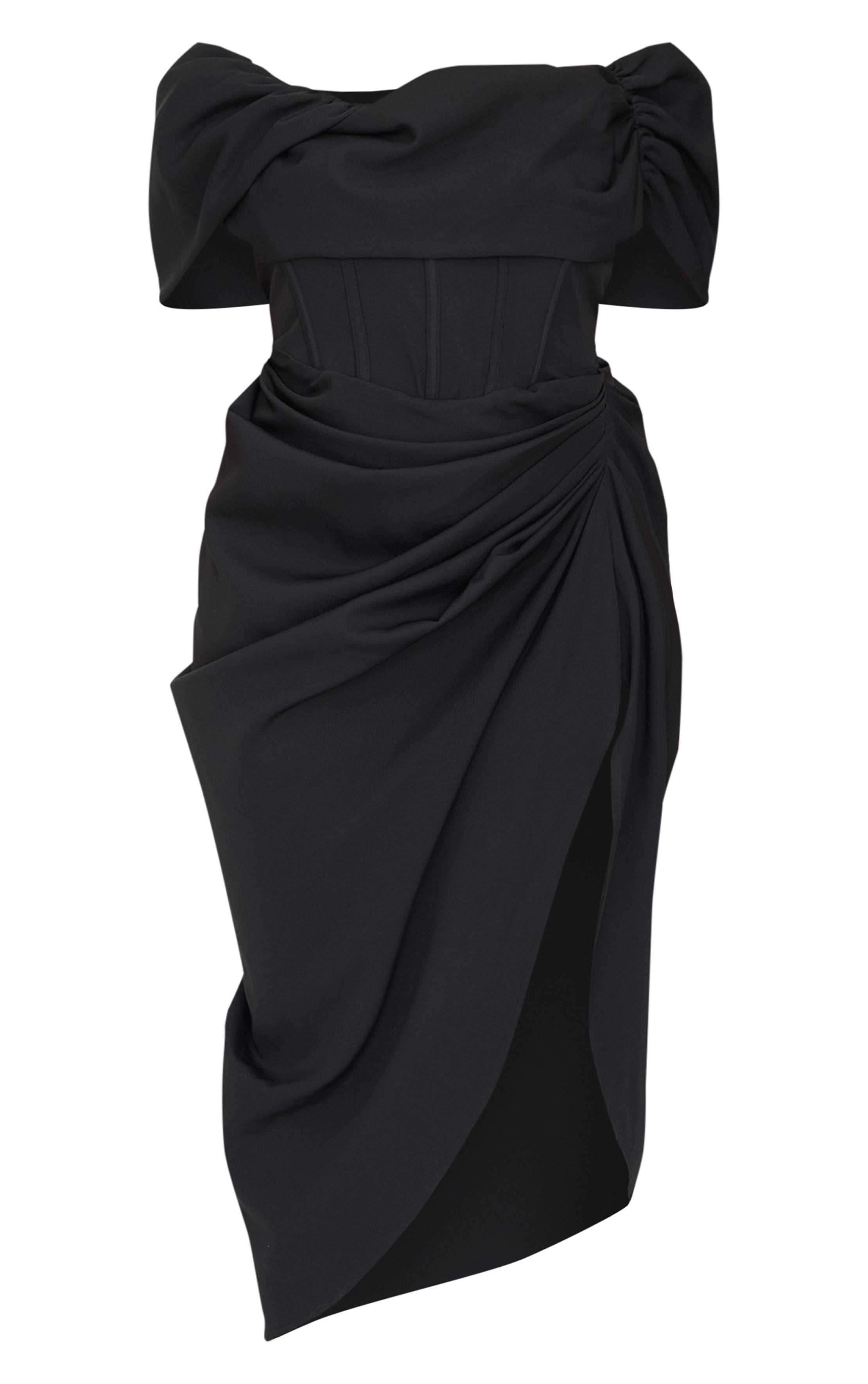 Noir Robe Midi Drapée Grande Taille À Corset Bardot