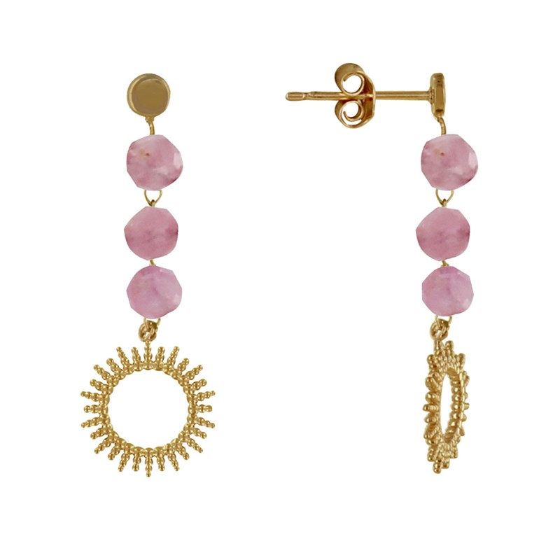 Boucles d'Oreilles Plaqué Or Soleil de Billes Ajouré et Perles Facettées Tourmaline Rose