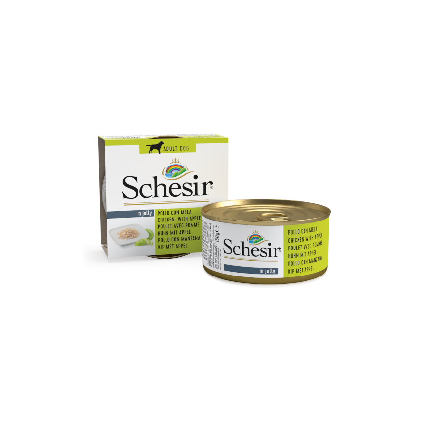 Lata de 150g de Schesir Adult com frango e maçã para cães.