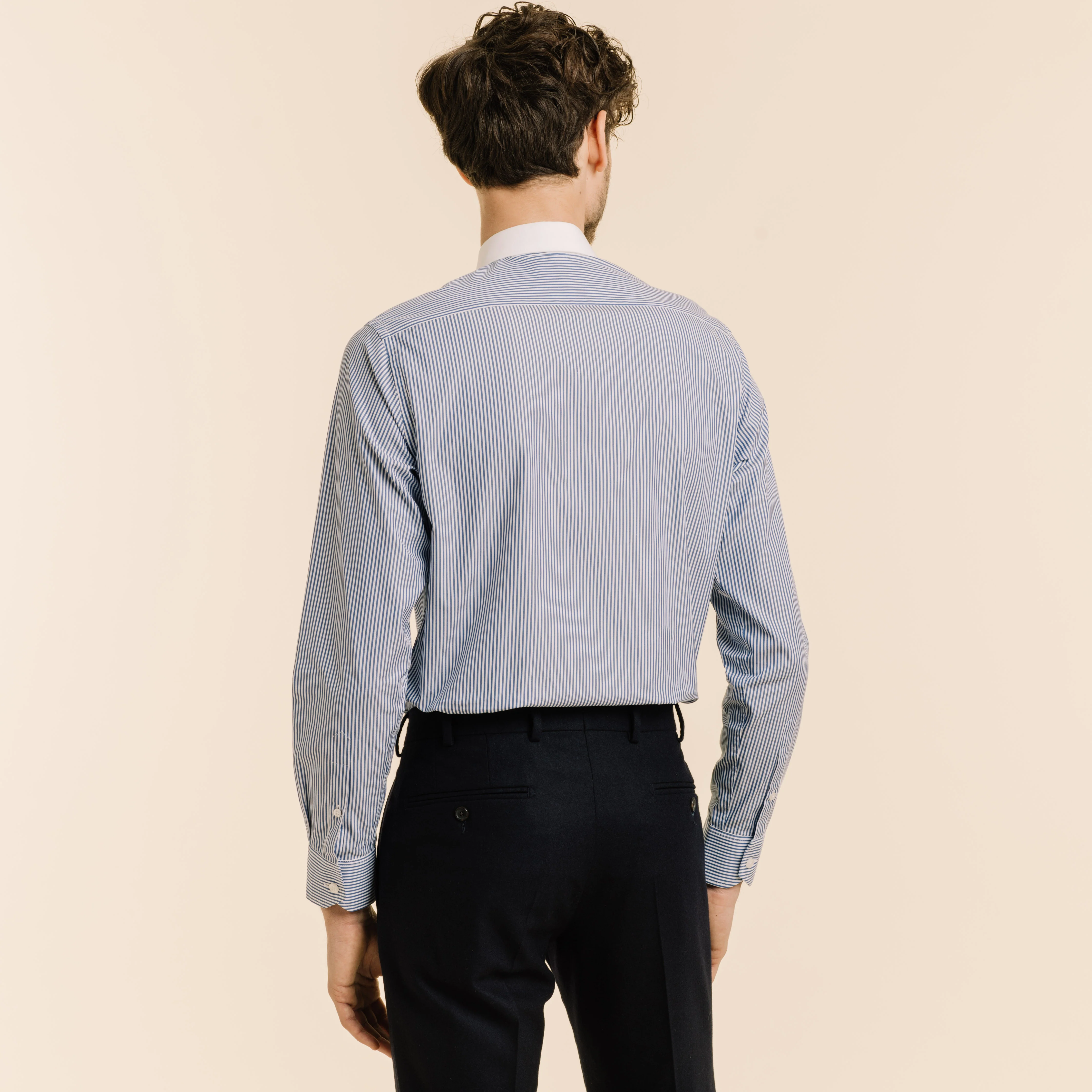 Double-twisted poplin shirt with blue stripes