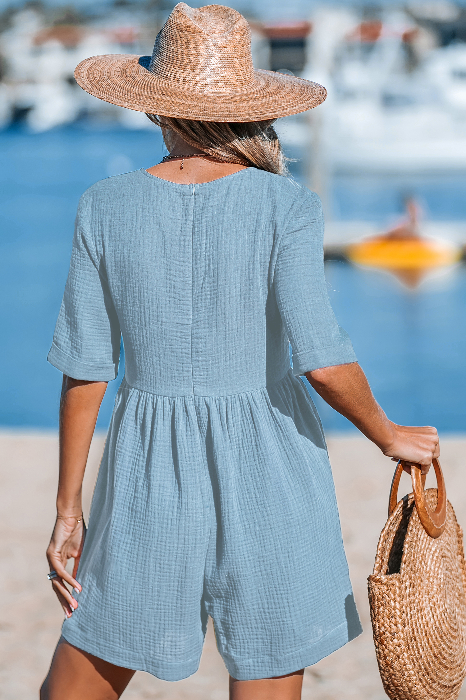 Combishort en pur coton à poches plaquées et jambes larges bleu