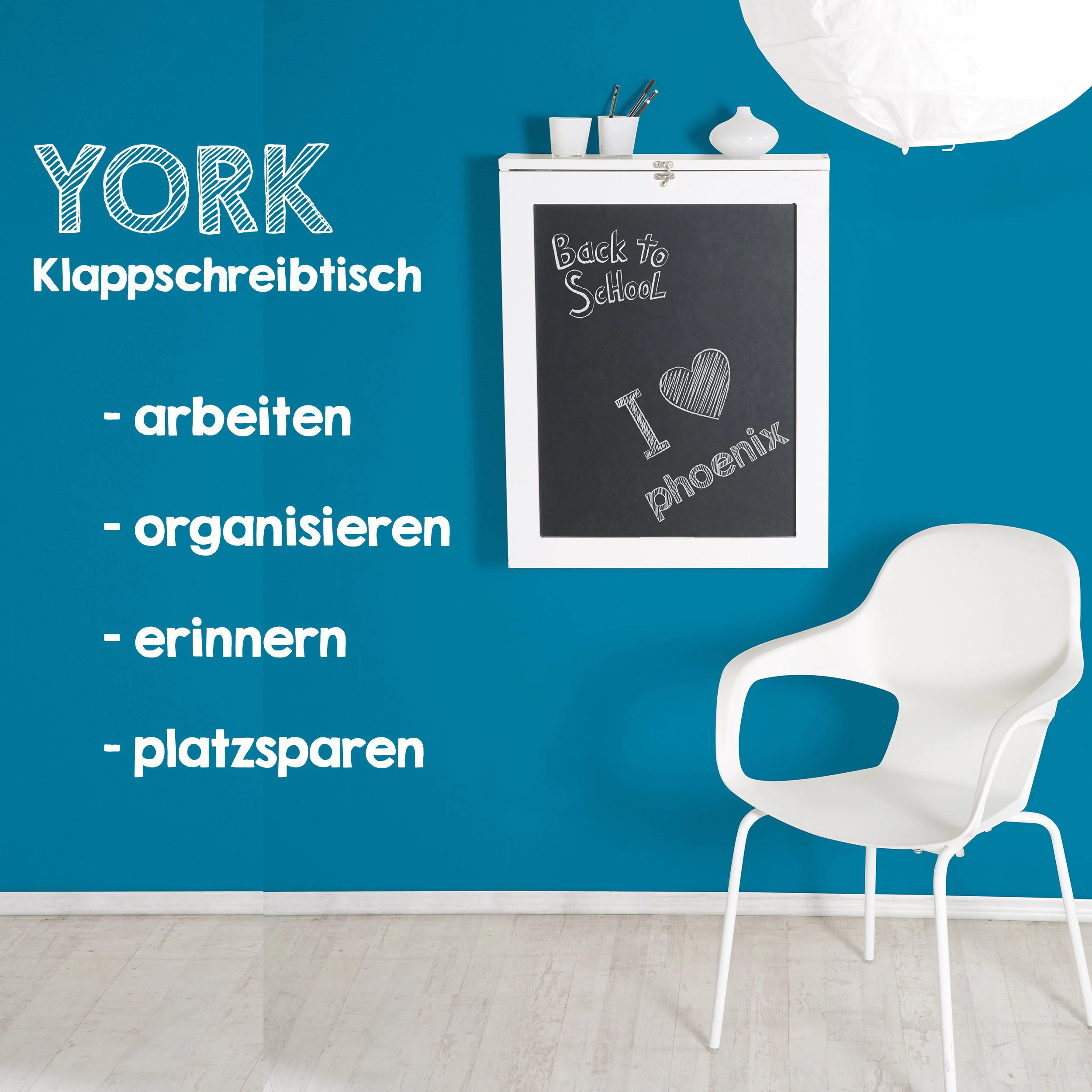 York - Klapptisch, Schreibtisch, Küchentisch, Tresen, Memoboard, Wandregal, der kleine Alleskönner mit viel Stauarum, weiss lackiert