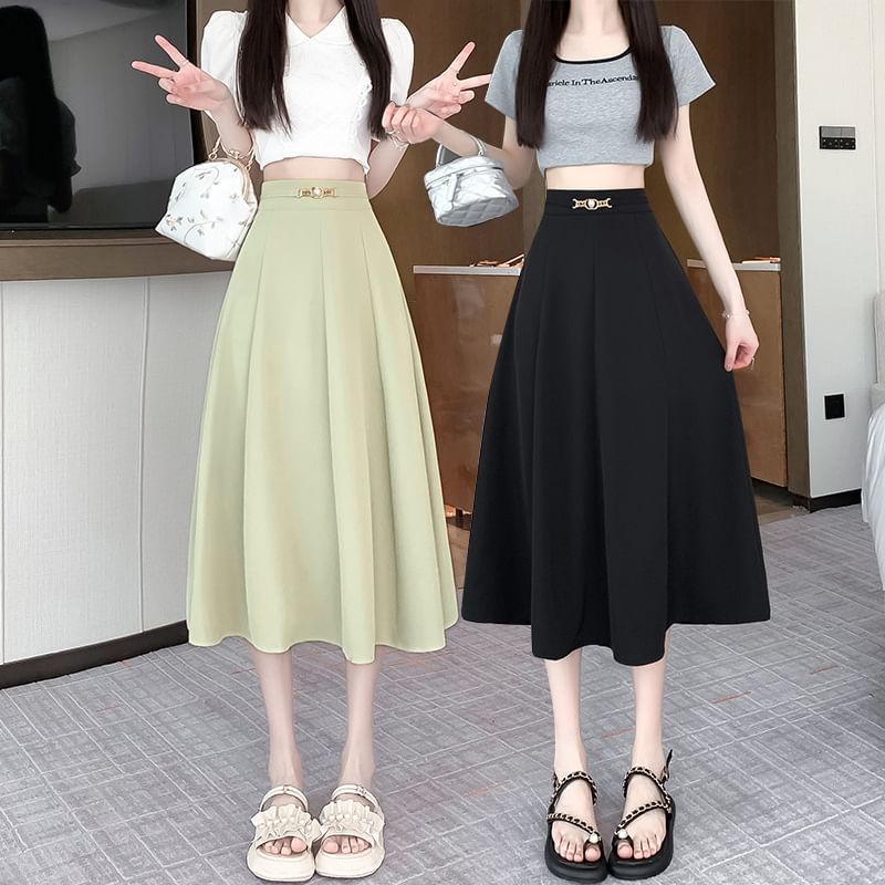 Luminato - Hoge taille effen midi A-lijn rok