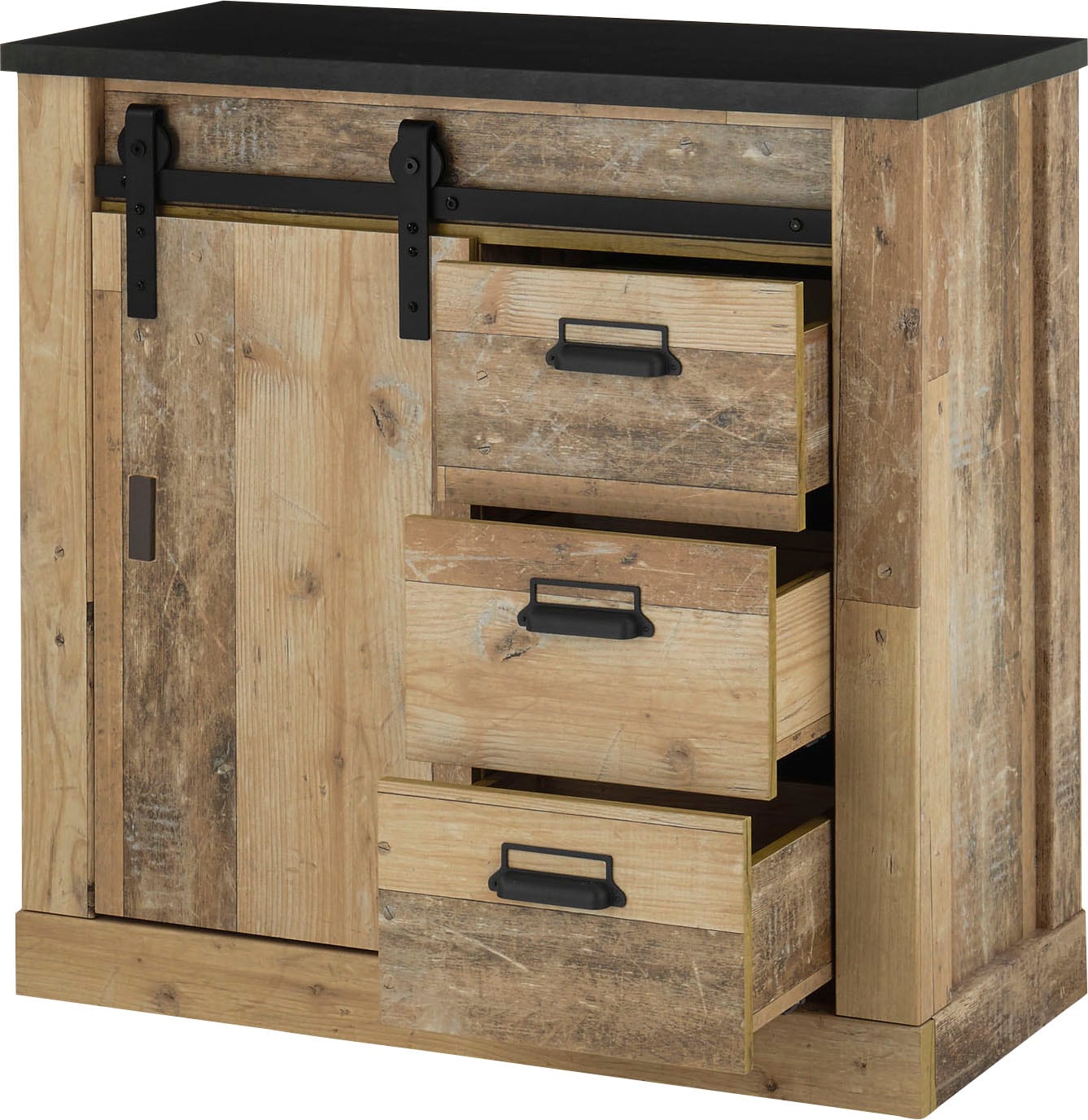 Home affaire Kommode »SHERWOOD« Holz Dekor, mit Scheunentorbeschlag und Apothekergriffen, Breite 92 cm