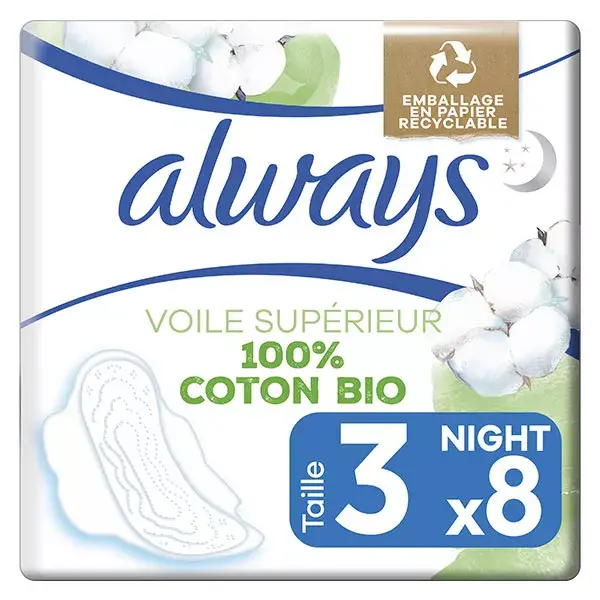 Absorventes noturnos Always Cotton Protection com abas, pacote com 8 unidades