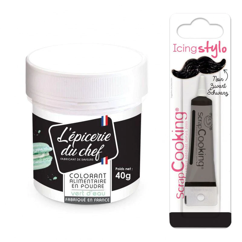Colorant alimentaire en poudre vert d'eau 40 g + Stylo glaçage noir Sc