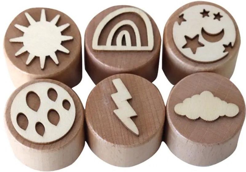 LiasToys -6 Houten stempel - Het weer - Stempel set - Speelbak - Speelzand - Montessori - Sensorisch spelen - Zandstempel - Kleistempel - Stempelen - Motoriek