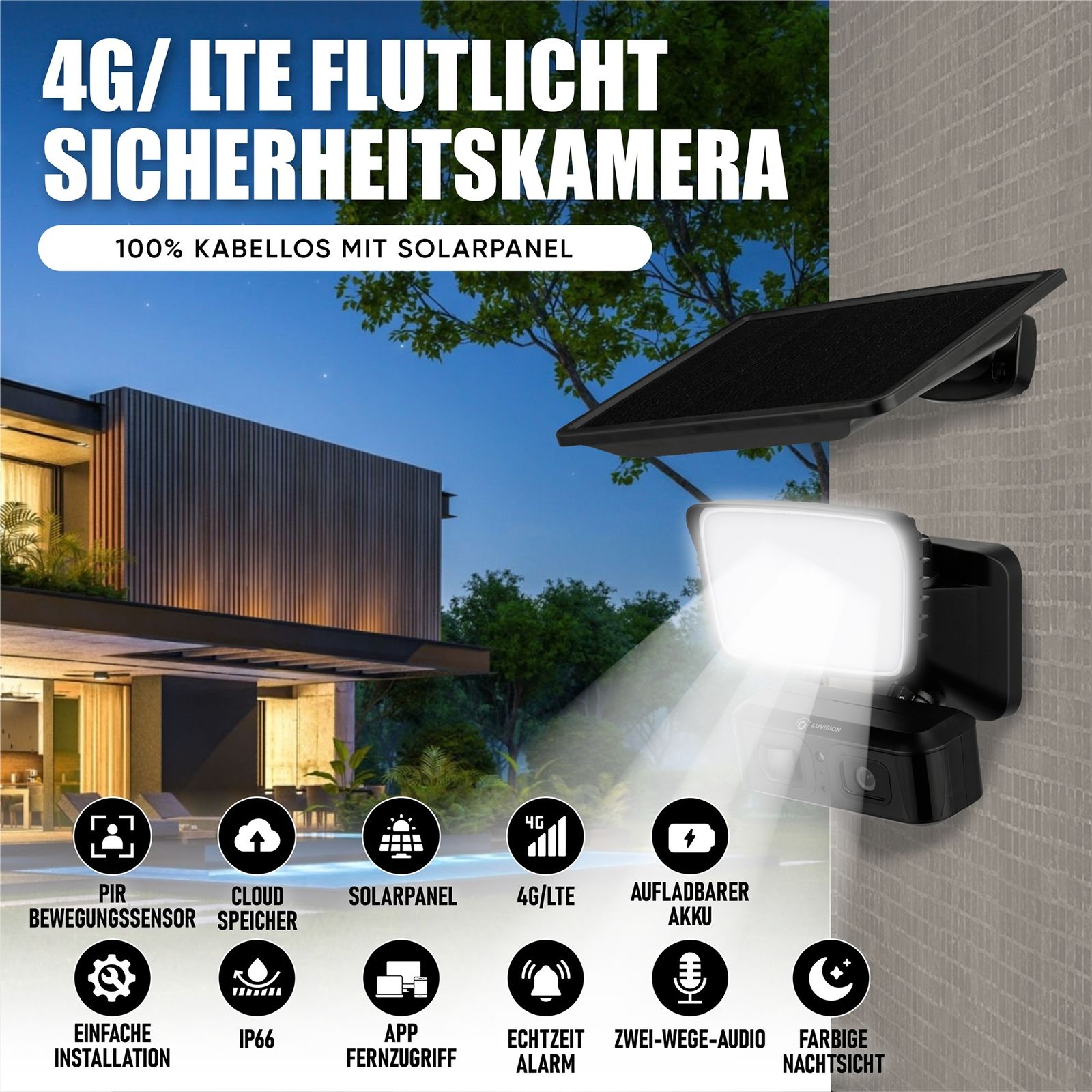 LUVISION 4G / LTE Solar Außenleuchte Flutlicht mit Kamera Solar Lampe für Garten mit PIR Bewegungserkennung