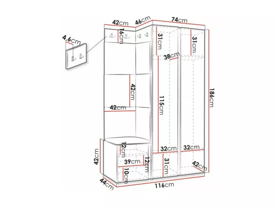 Meuble d'entrée Hartford 388, 186x116x46cm, Miroir, Noir, MDF|Stratifié|Tapisserie