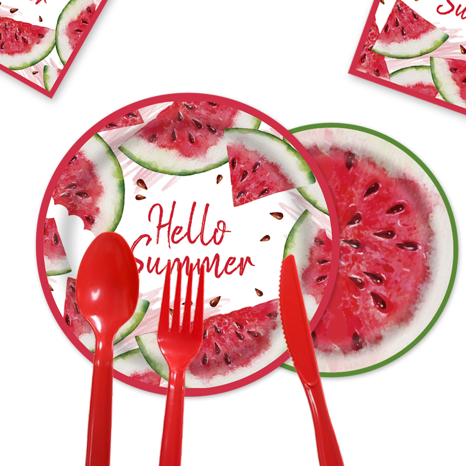 (112-tlg. Set) Melonen Einweg Geschirr Sommer Party Tisch Dekoration inkl. Teller / Servietten / Papp Becher / Besteck - Hello Summer