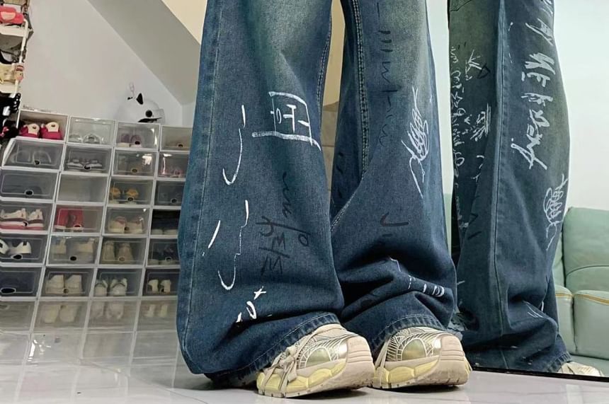 Bay Go Mall - High Rise Print Wijde Pijpen Jeans