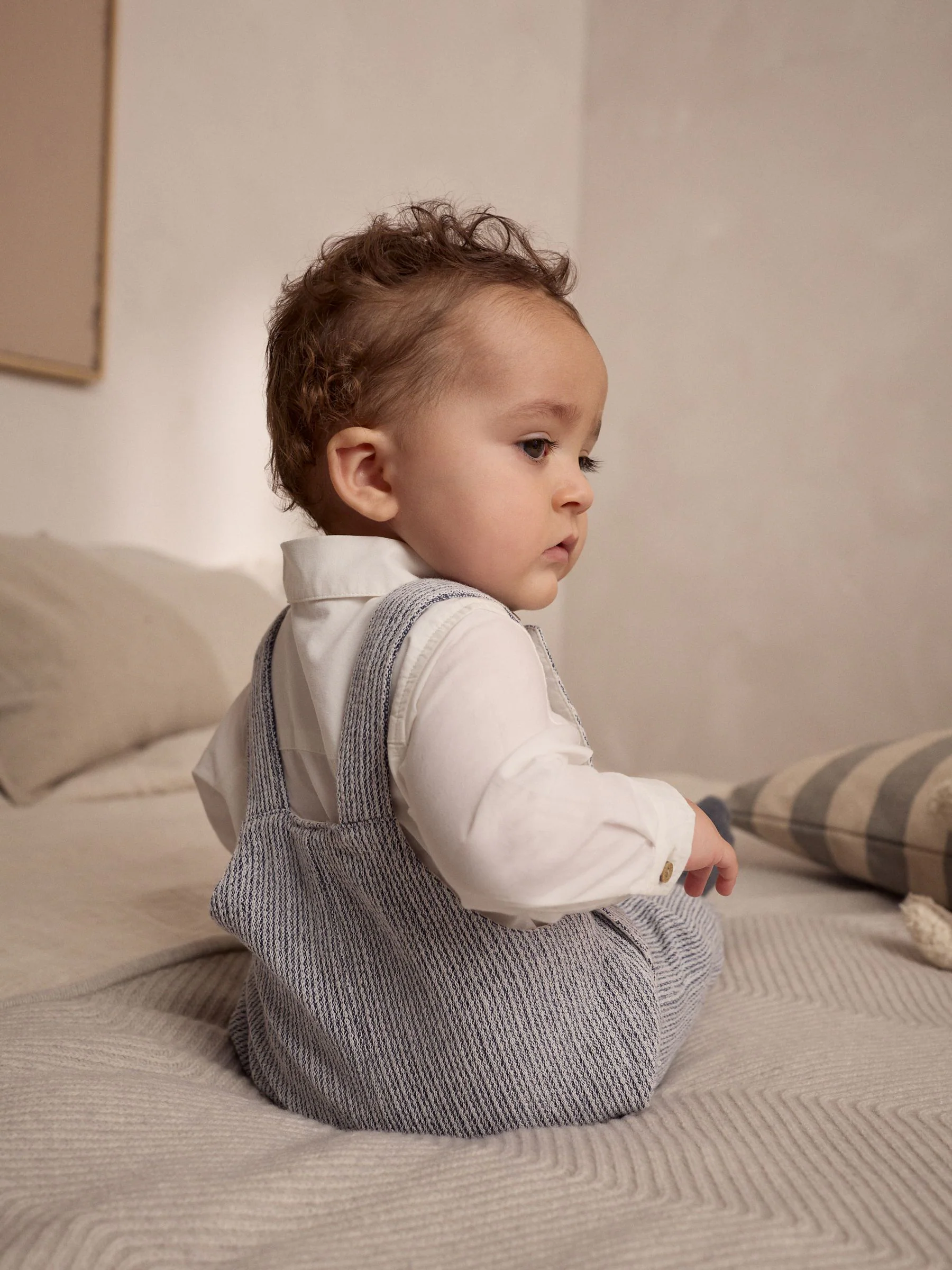 Grijs/wit - Geweven babyset van 100% katoenen bretelbroek en bodysuit (0mnd -3jr)