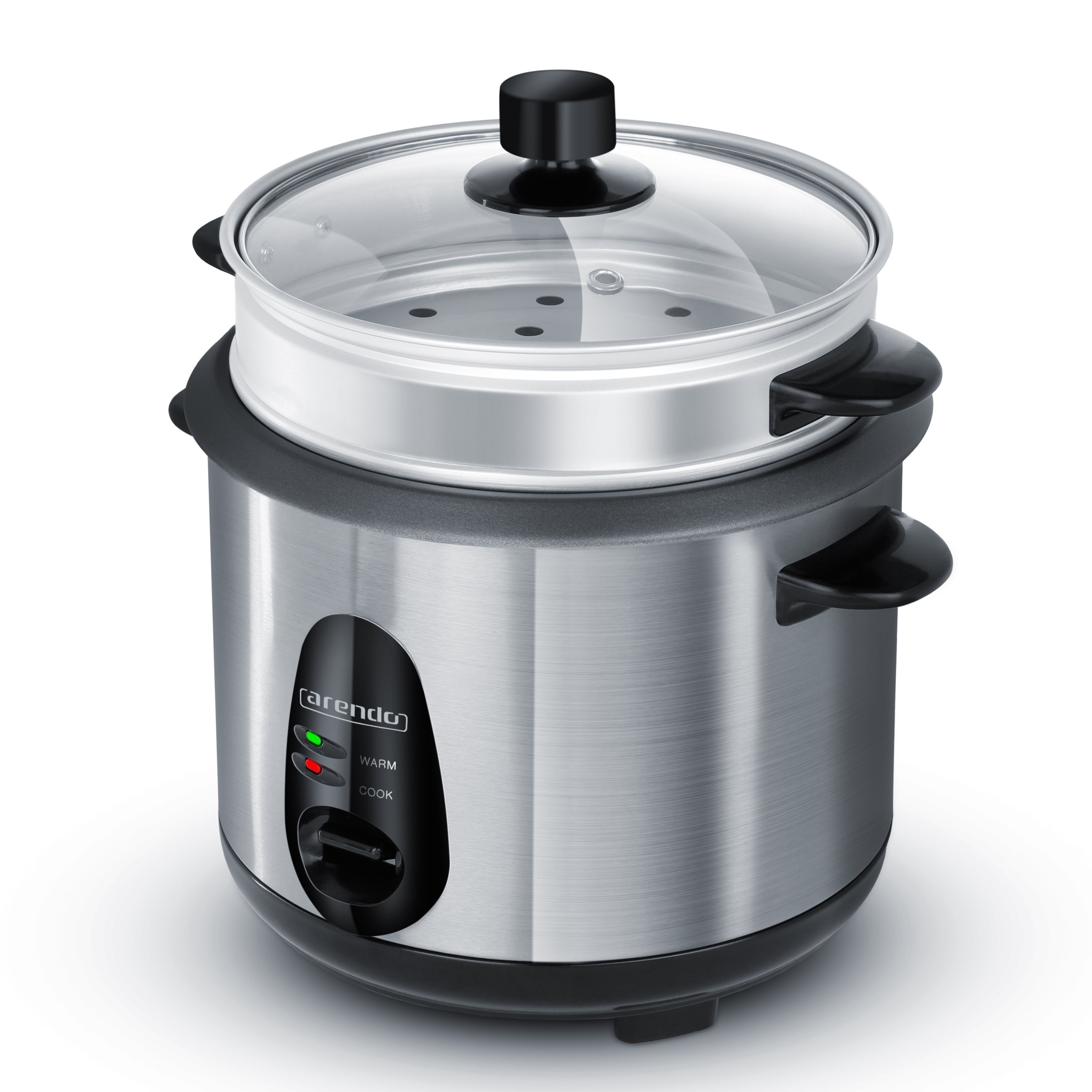 Arendo Reiskocher 1L mit Glasdeckel, 400W, Edelstahl, Dampfgaraufsatz, Warmhaltefunktion, EDO, Silber