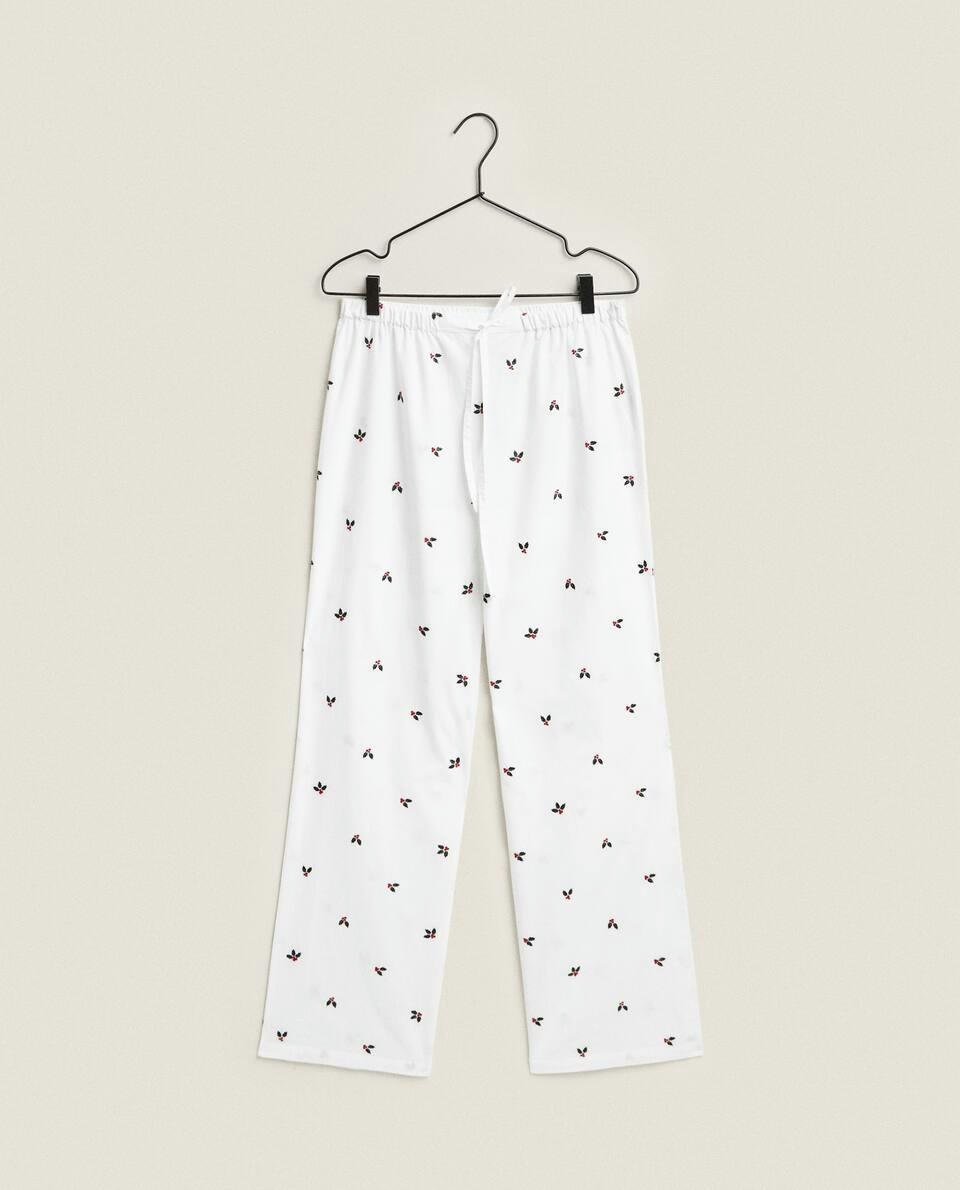 Calça de pijama de algodão com azevinho natalino