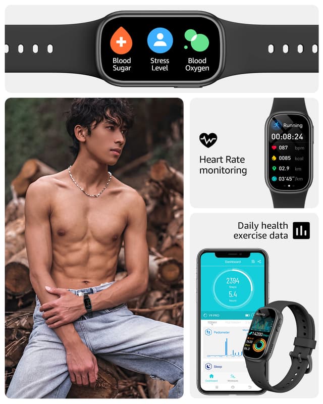 Smartwatch med pulsmåler, blodtryksmåler, søvnmonitor, skridttæller Sort