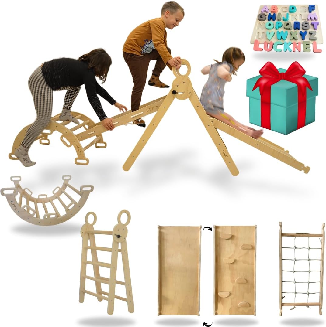 5-in-1 Montessori Klettergerüst Indoor Set – Pikler Dreieck, Kletterbogen, Kletternetz und Indoor Rutsche mit doppelseitiger Rampe – Indoor Spielplatz ab 1 Jahr, naturbelassenes Holz