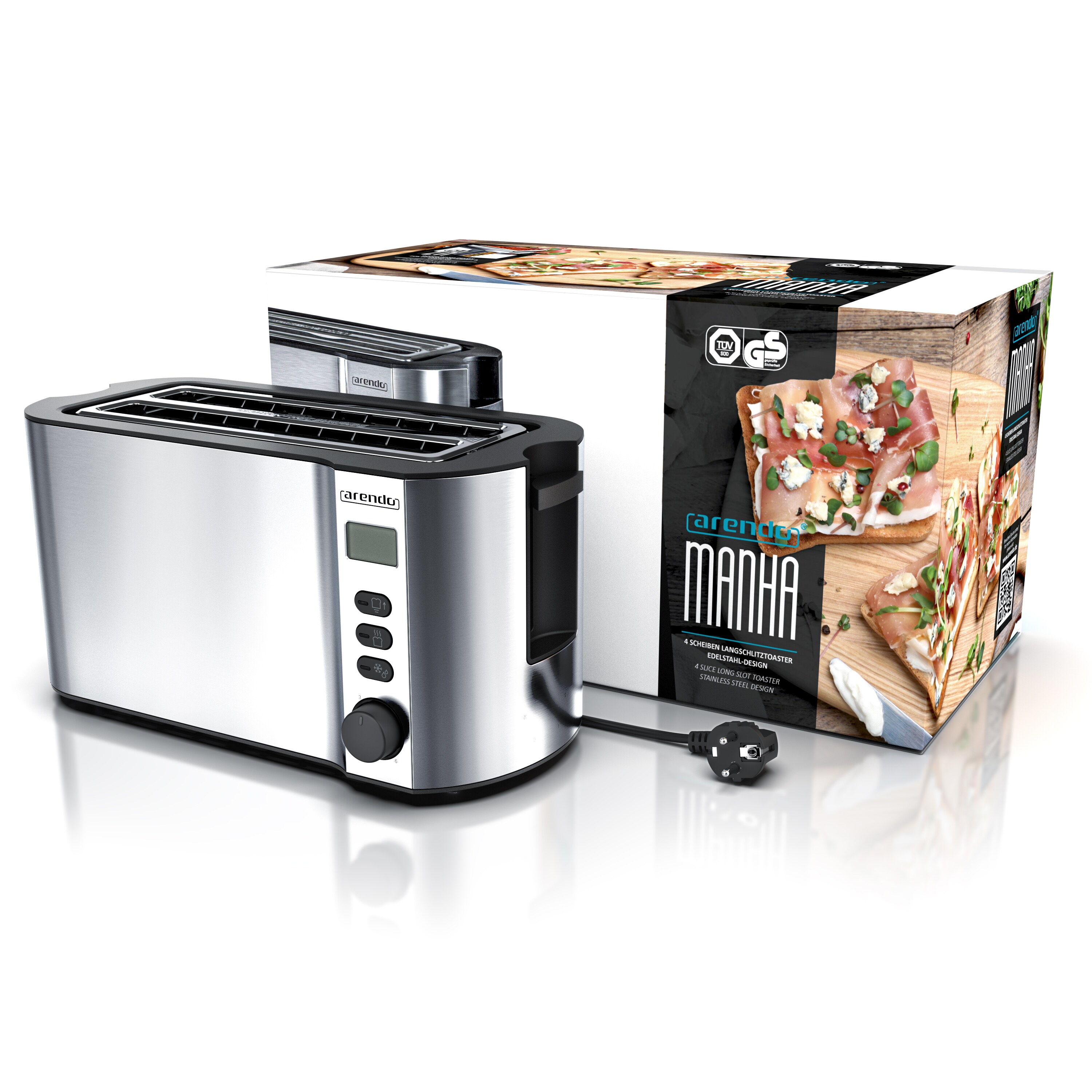 Arendo Toaster Edelstahl Langschlitz 4 Scheiben, Doppelwandgehäuse, integrierter Brötchenaufsatz, 6 Bräunungsstufen, Brotzentrierung automatisch