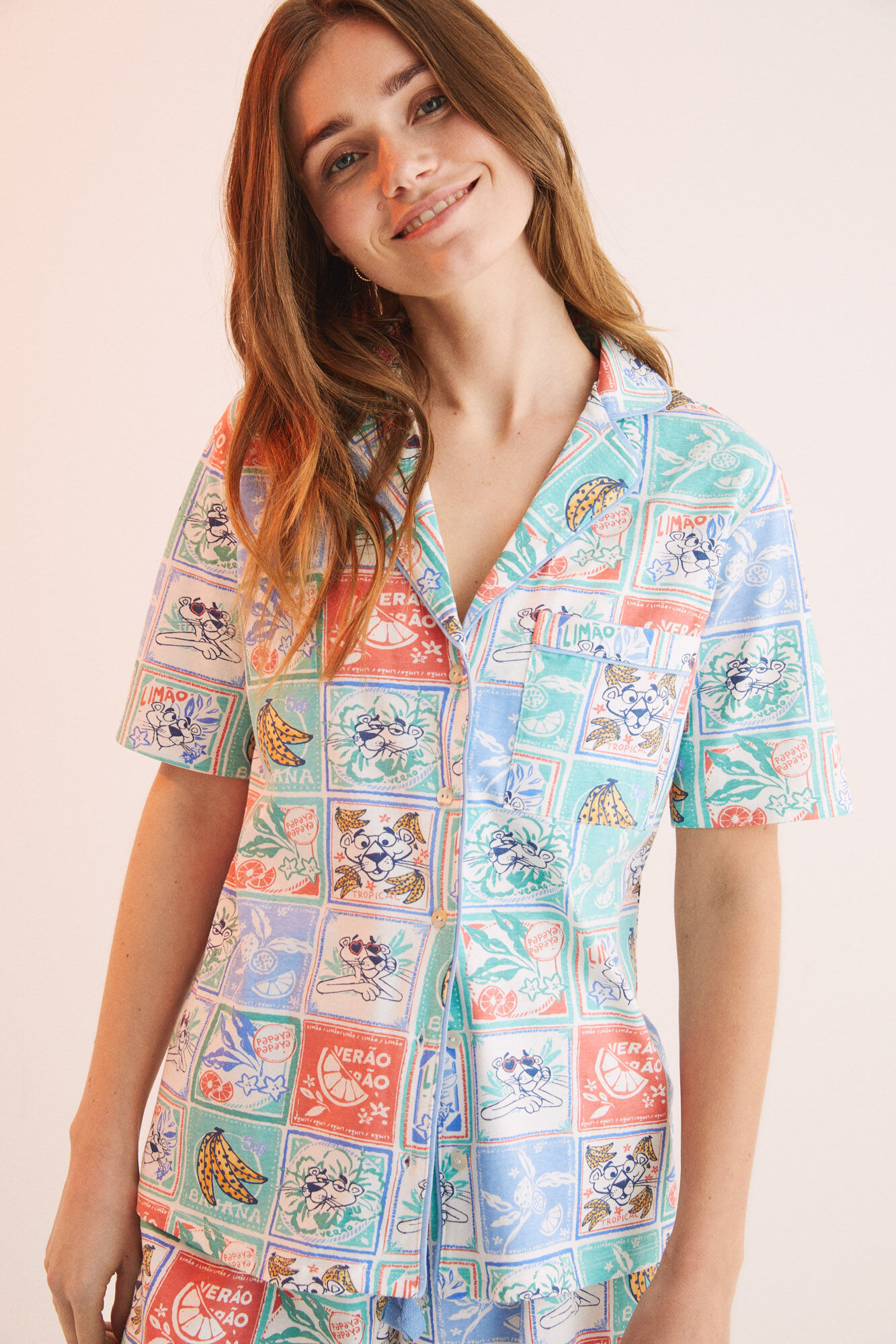 Camisa curta de pijama 100% algodão Pantera Cor-de-Rosa - estampada