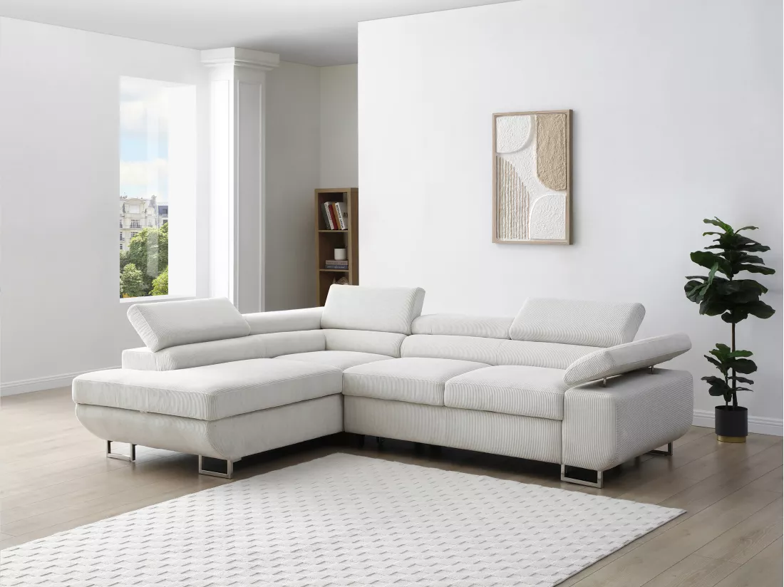 Canapé d'angle gauche convertible en velours côtelé beige NURAZIO