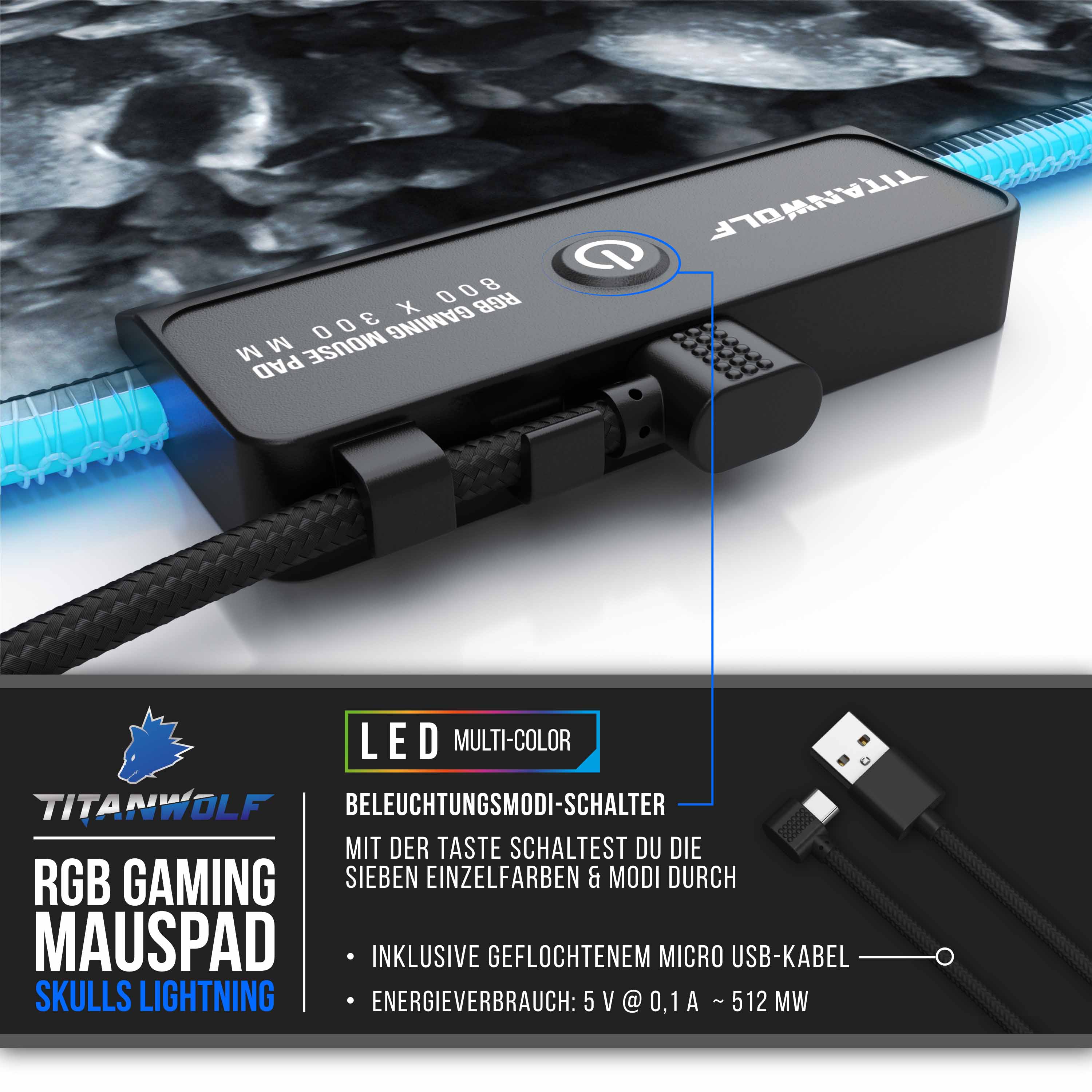 Titanwolf RGB Gaming Mauspad, Mousepad XL 800 x 300mm verbessert Präzision & Geschwindigkeit, Skulls