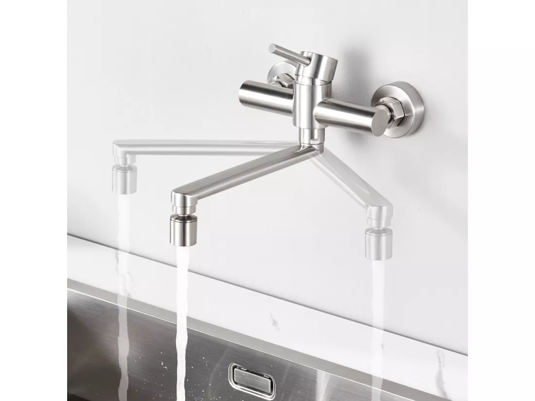 2PCS Cecipa MAX Mitigeur de Cuisine Mural Brossé, Robinet Evier Mural avec 2 Jets, Mitigeur Cuisine Pivotant à 360° Robinetterie d'évier