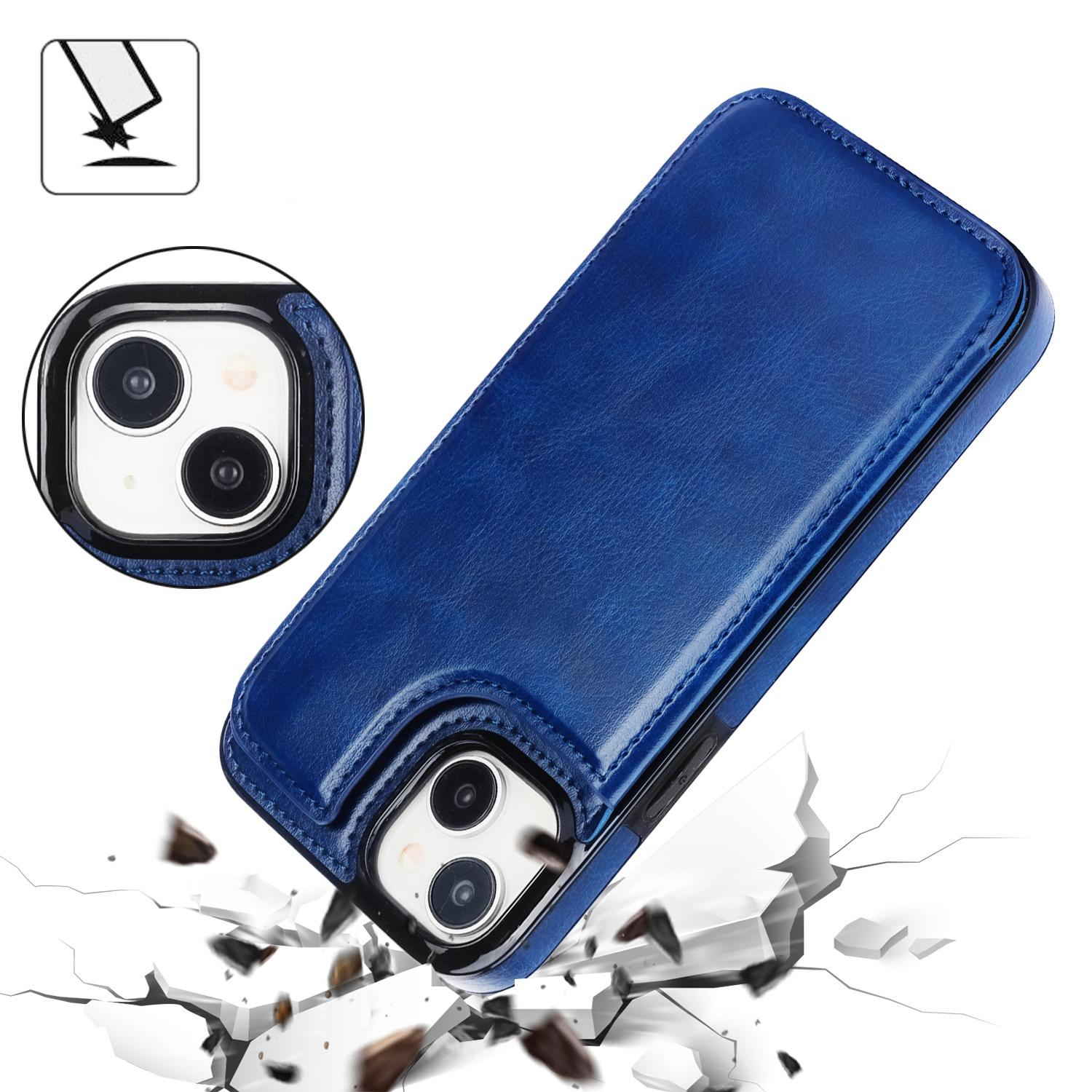 iPhone 15 Hybrid Leder Hülle mit Kartenfach   Kickstand Aufsteller - Blau
