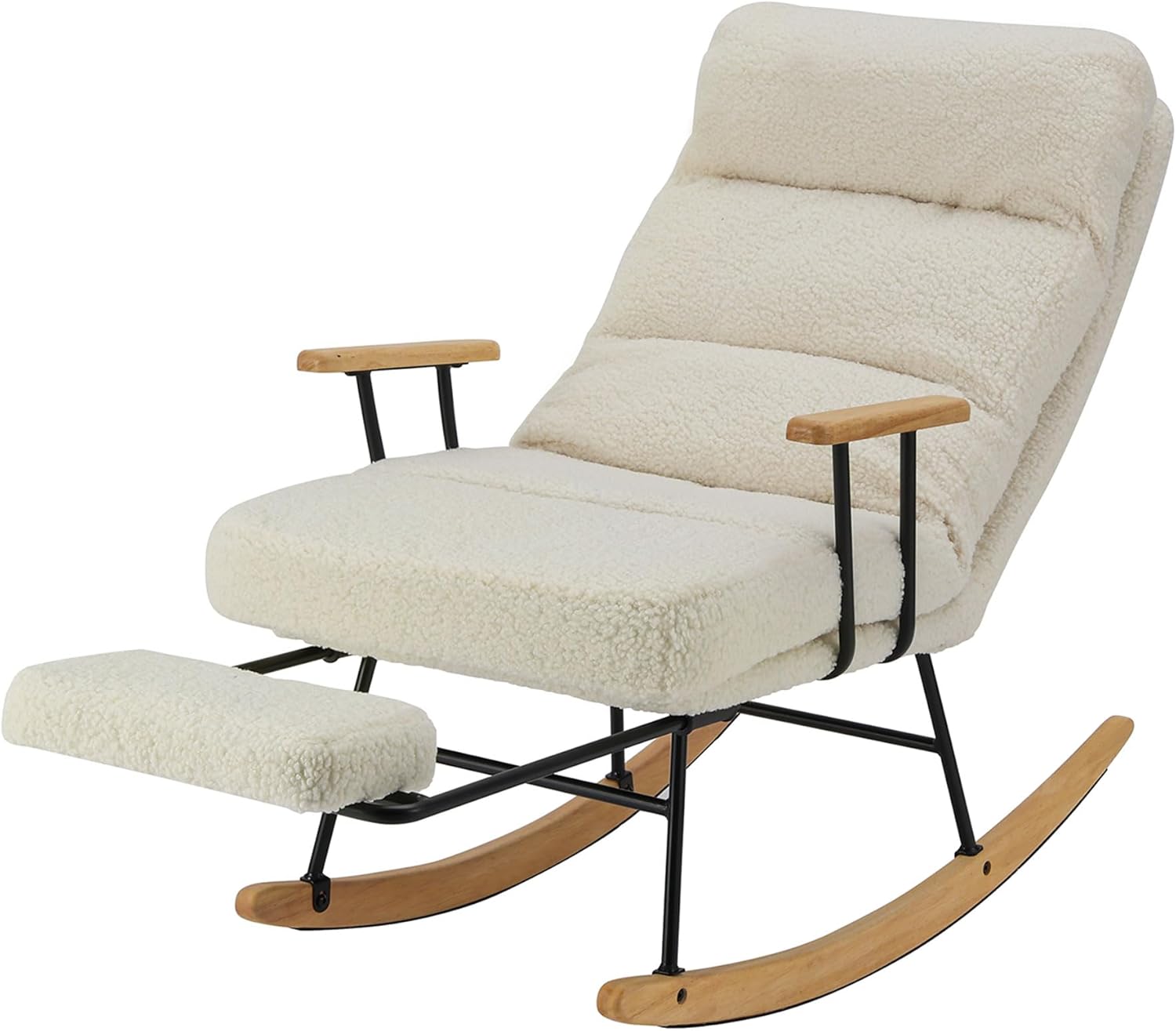 Home Nature Schaukelstuhl aus Holz, bis 150kg belastbar, Moderner Sessel mit Hoher Rückenlehne, Armlehnen & rutschfesten Füßen, für Wohnzimmer, Outdoor (Beige mit Fußstütze)
