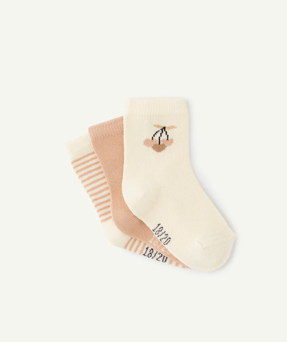 LOT DE 3 CHAUSSETTES HAUTES BÉBÉ FILLE EN COTON ÉCRU ET BEIGE