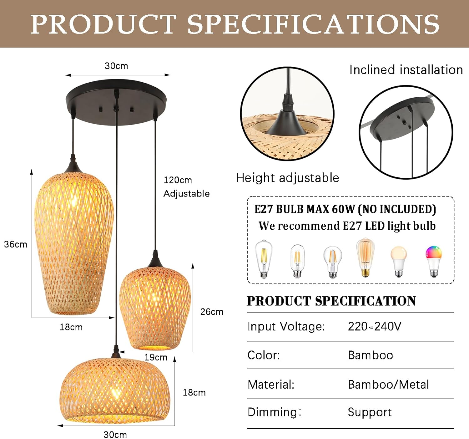 Lampenschirm HäNgelampe Bambus 3-Flammig,Boho Pendelleuchte Esstisch Handgewebt Laterne Vintage Lampe E27 Wohnzimmerlampe For KüChe Schlafzimmer