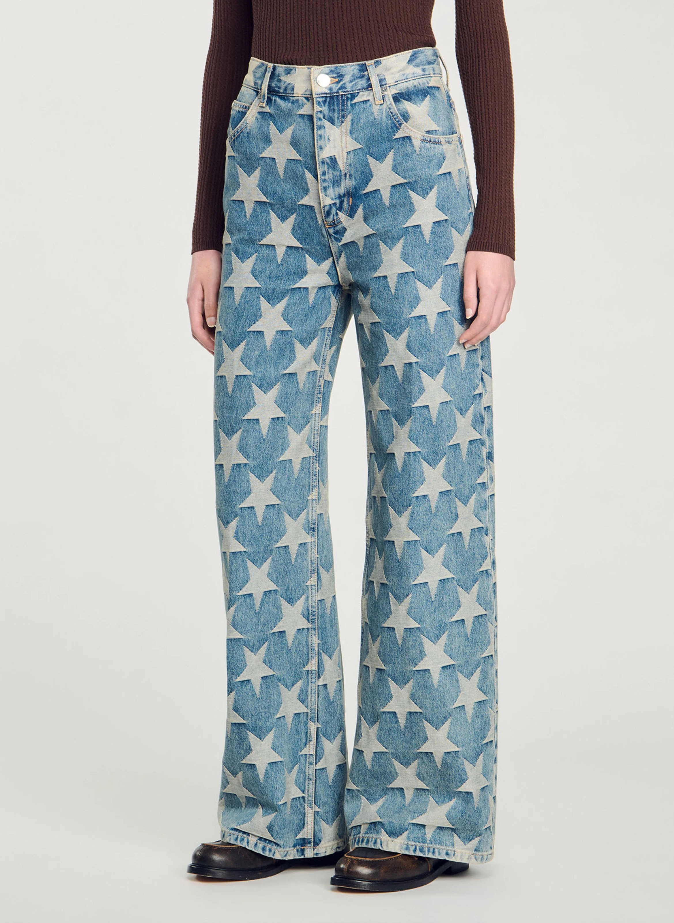 Jean droit en coton en jacquard imprimé | Bleu