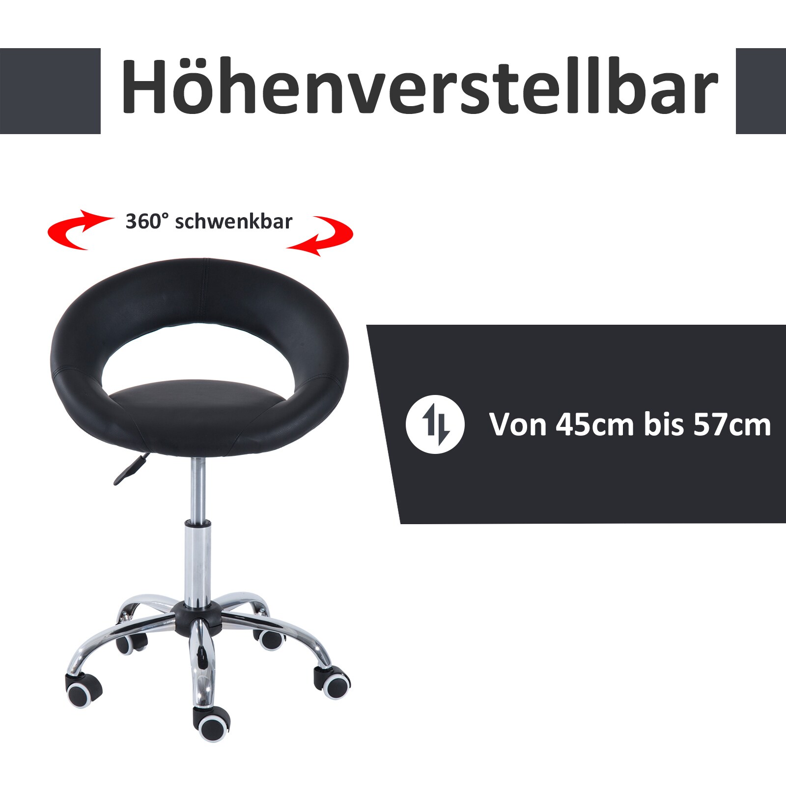 HOMCOM Rollhocker höhenverstellbar schwarz 54 x 50 x (66-78) cm