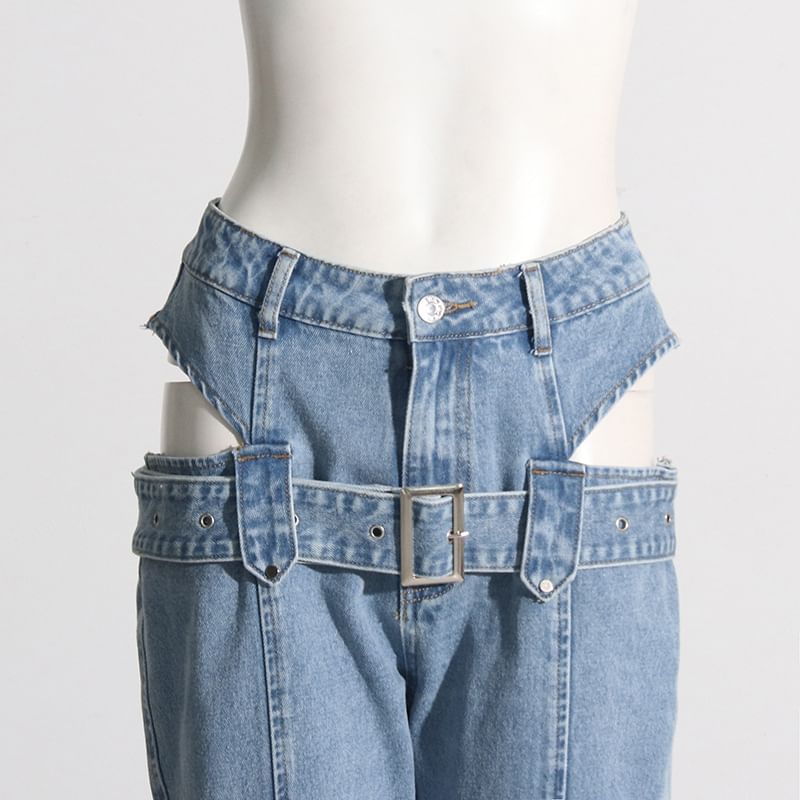 Moxub - Hoge taille jeans met wijde pijpen en uitsparingen