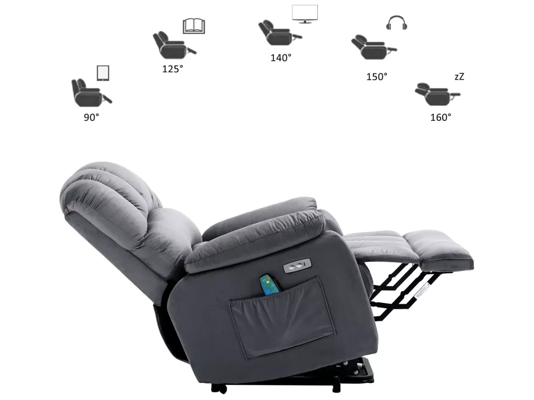 Fauteuil relax électrique en tissu avec fonctions de chauffage et de vibration - 2 poches latéralles - Gris