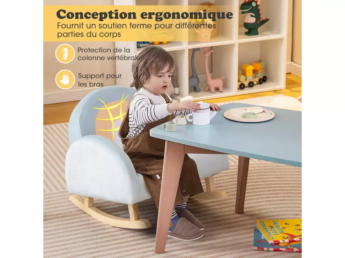 Fauteuil à Bascule Enfant en Peluche avec Dossier & Accoudoirs Confortable, Chaise à Bascule en Bois avec Joli Motif Arc-en-Ciel, Charge 50kg pour Garçon Fille de 0-5 Ans