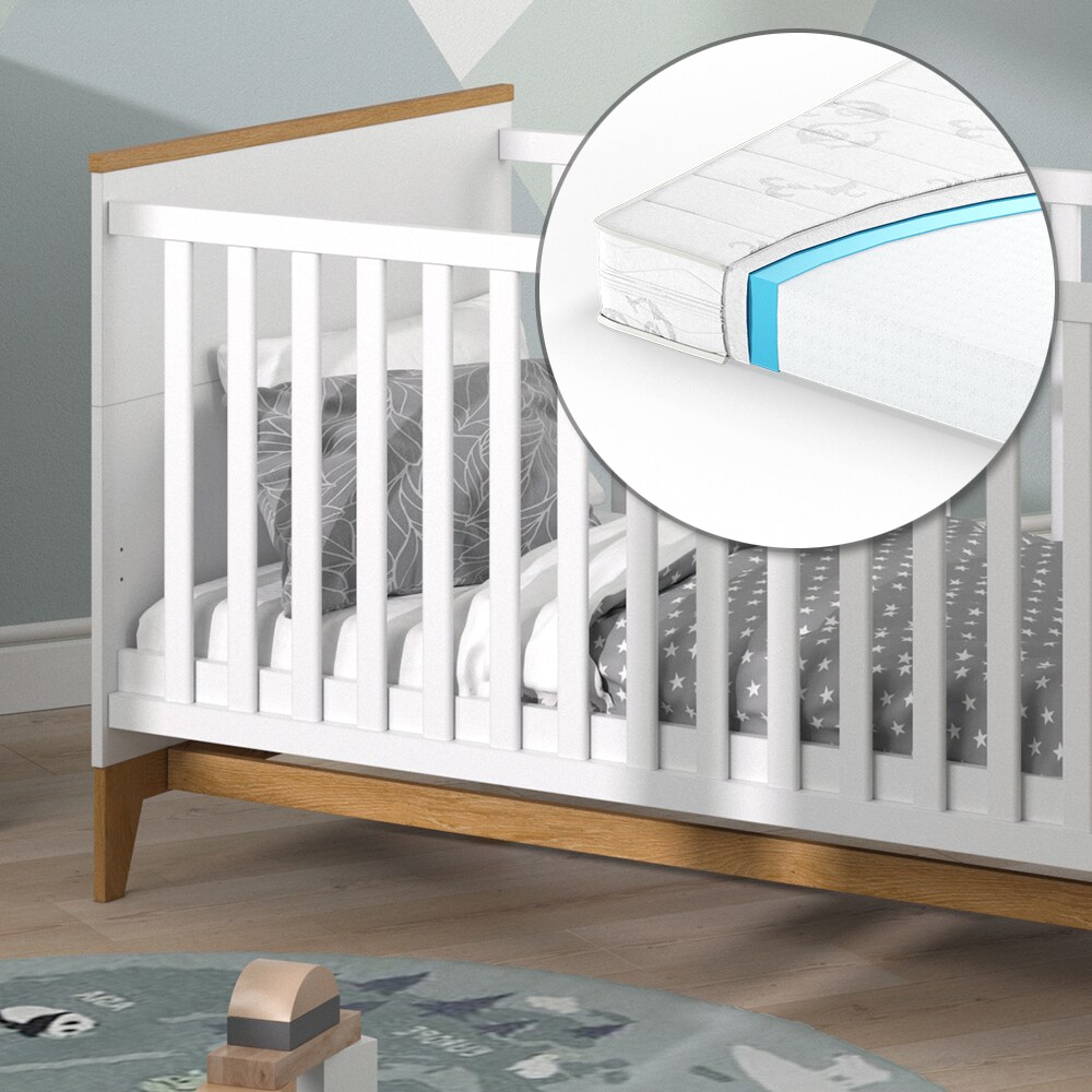 VitaliSpa Kinderbett Babybett Juniorbett Malia Weiß Eiche Matratze modern 70x140 cm Kinderzimmer Bett Babyzimmerbett Kindermöbel Babymöbel Schlupfsprossen Lattenrost Rausfallschutz Einzelbett