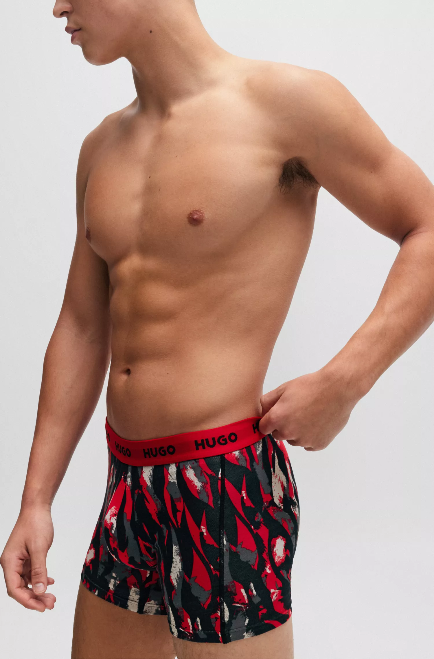 HUGO Vermelho - Pacote com três cuecas boxer de algodão elástico com cós com o logotipo.