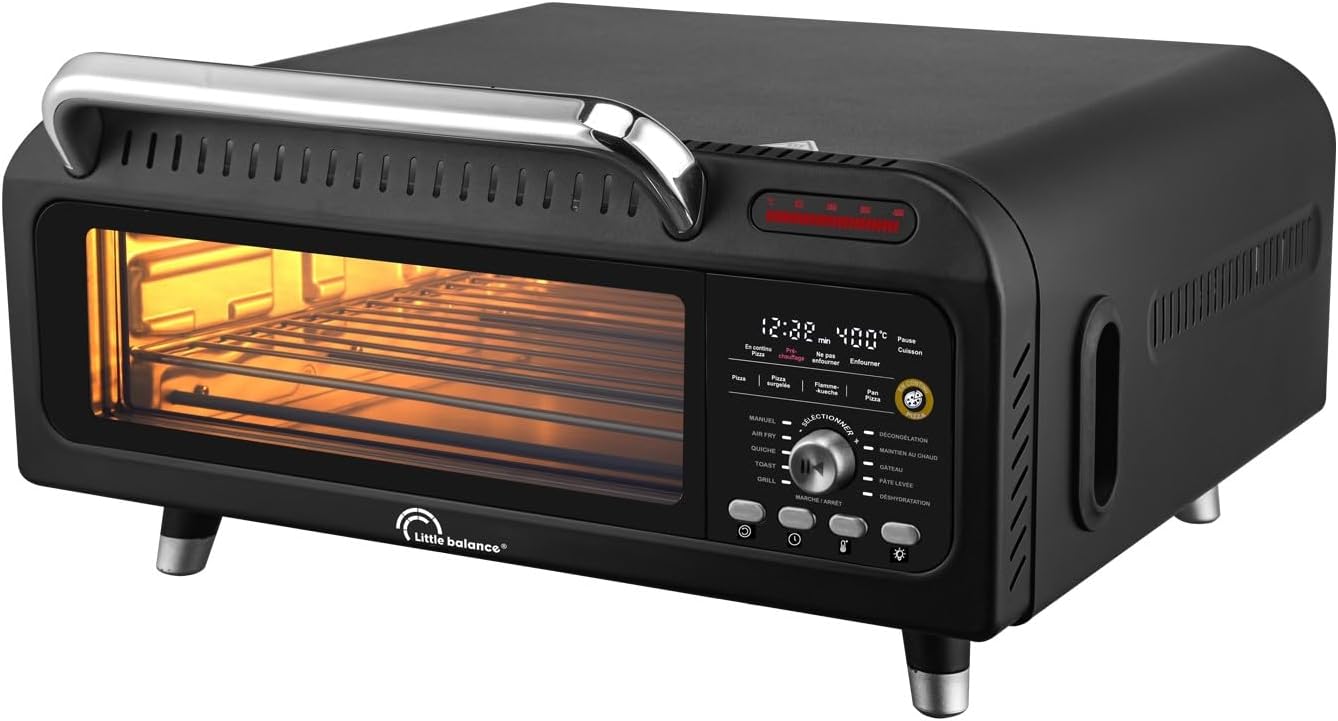 LITTLE BALANCE 8733 Revolution'Air, Four à Pizzas électrique, Multifonction, 3 en 1, Air Fryer, Four Grill, 10 modes de cuisson, 7 accessoires, Pierres à pizza, Jusqu'à 400 °C, 2000 W, Noir