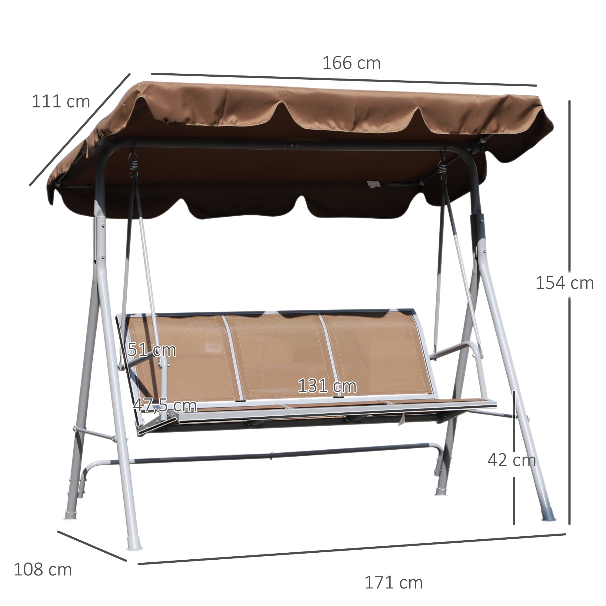Balanço de jardim Outsunny para 3 pessoas com cobertura ajustável, encosto respirável e estrutura de metal para varanda ou pátio, capacidade de carga de 240 kg, 171 x 108 x 154 cm, marrom.